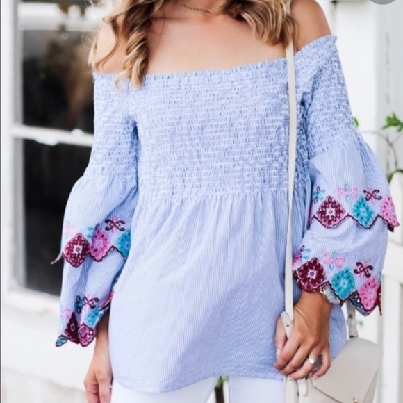 NWT Loft Fiesta Off the Shoulder Top Tiered Sleeve - Picture 1 of 5